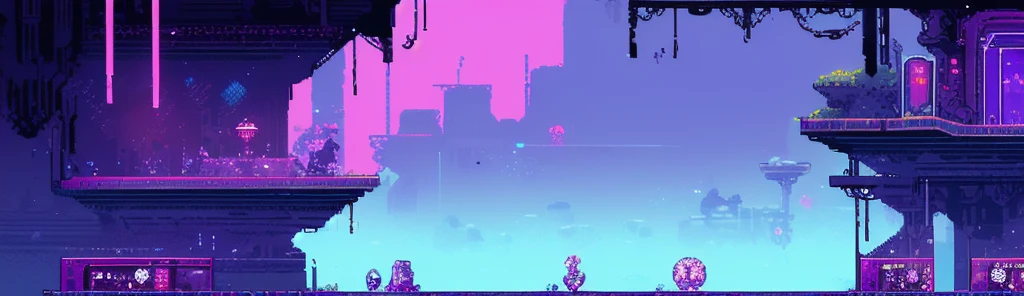 hbyxcj, Science fiction, sin humanos, Scenario, CAI, pixel art, futuristic sidescroller game, purple, blue and neon colors