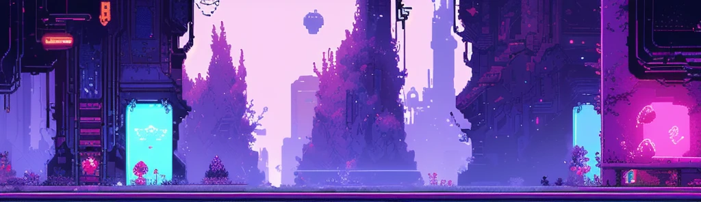 hbyxcj, Science fiction, sin humanos, Scenario, CAI, pixel art, futuristic sidescroller game, purple, blue and neon colors