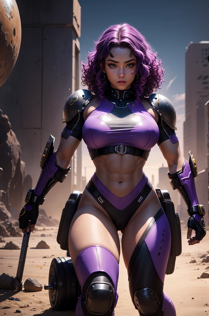 A beautiful, exuberant and young warrior android with black features, clone da deusa grega athena, with giant breasts, transformed into a super sensual and extremely muscular astronaut, fitness, fit bodybuilder and weightlifter, wearing very short, purple and very curly hair in locks, wearing cyberpunk battle clothes, exploring a mysterious planet in a sci-fi environment, sitting in the captain&#39;s chair in the control room of a powerful spaceship and using a large handwriting "a" on his uniform and tattooed on his face in the form of a barcode