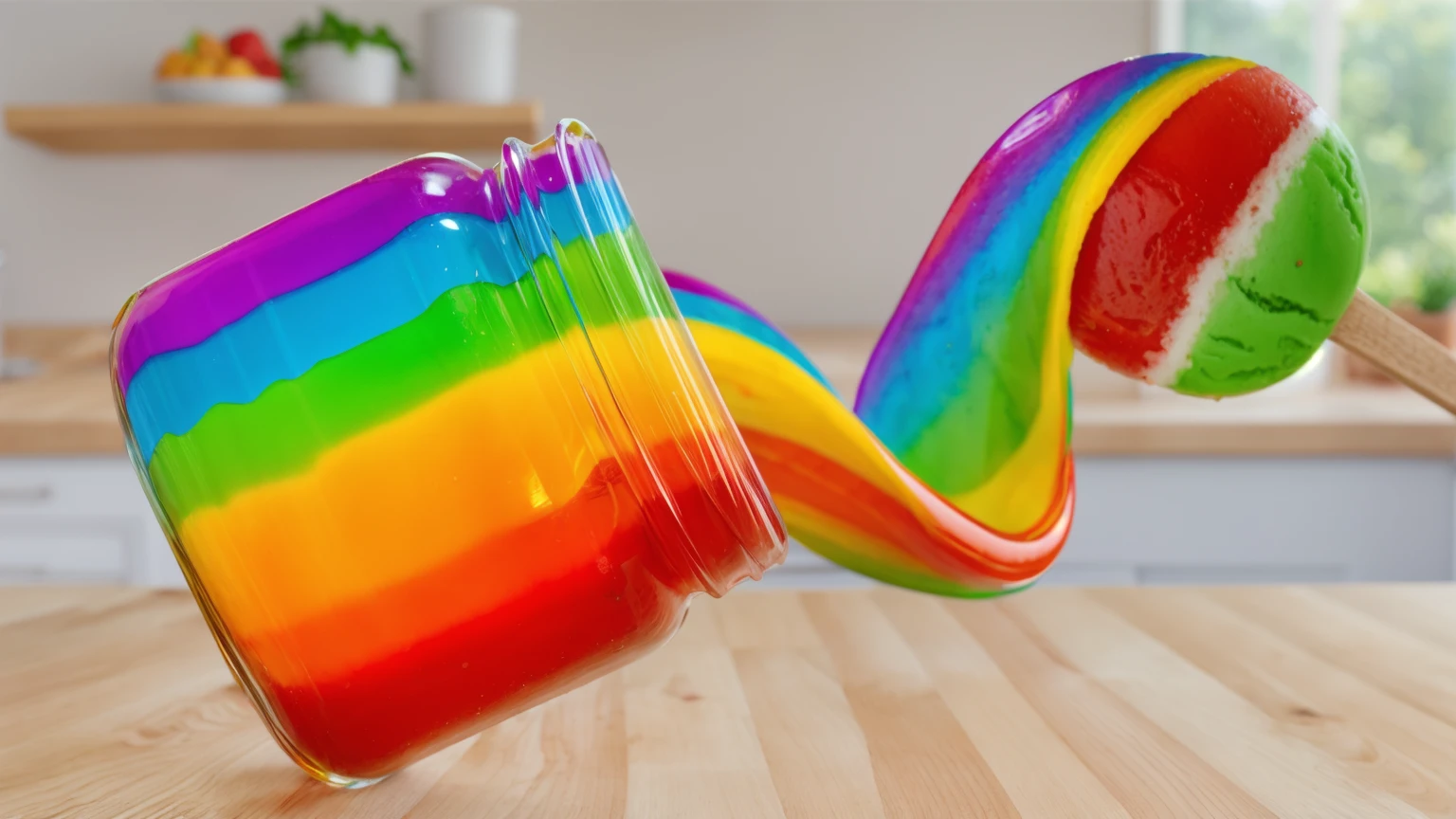 on a wooden table, glass jar with rainbow peanut butter, ice cream dipped in rainbow peanut butter, rainbow peanut butter stretch. against the background of the kitchen .beautiful lighting, Beautiful sunlight, bright lighting, Realistic style , realistic texture, detailed texture, a high resolution, high quality, ultra hd 4k, macro photo 