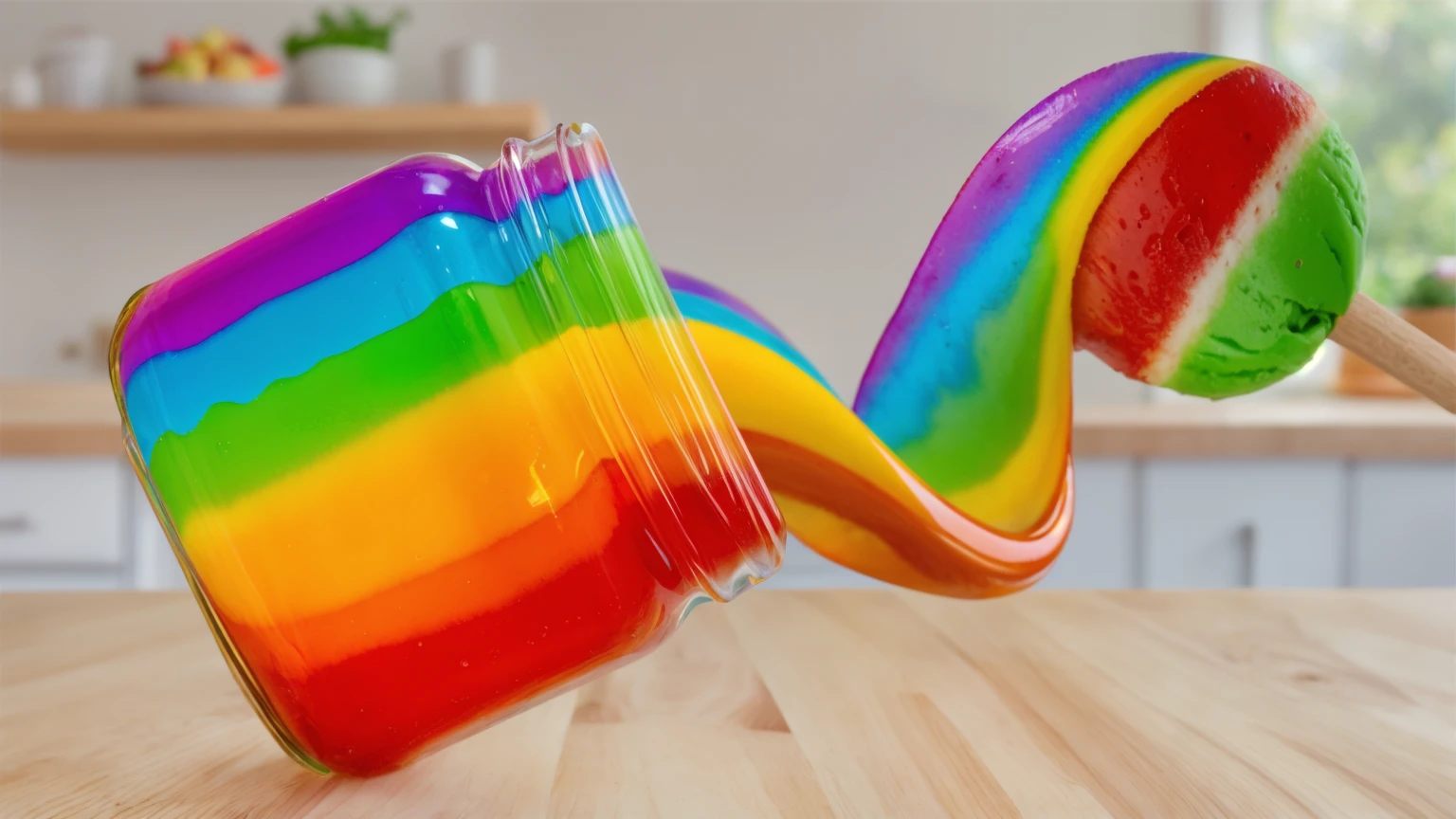 on a wooden table, glass jar with rainbow peanut butter, ice cream dipped in rainbow peanut butter, rainbow peanut butter stretch. against the background of the kitchen .beautiful lighting, Beautiful sunlight, bright lighting, Realistic style , realistic texture, detailed texture, a high resolution, high quality, ultra hd 4k, macro photo