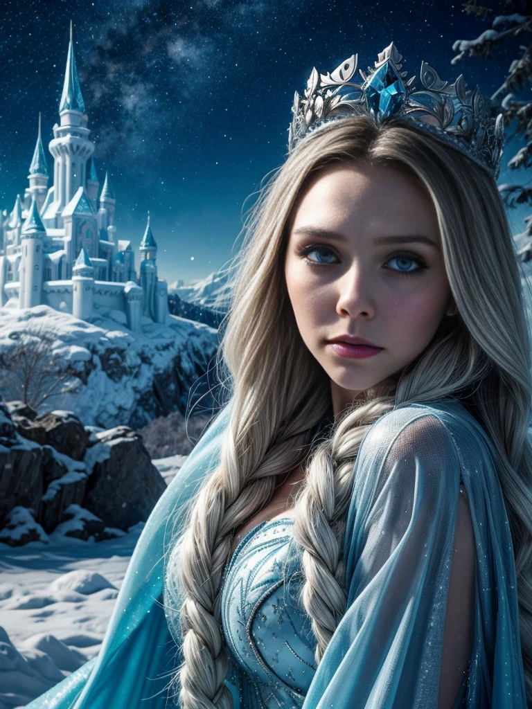 Elizabeth Olsen as Elsa from Frozen, winter landscape, ice castle in background, clear starry night, long bradied white hair