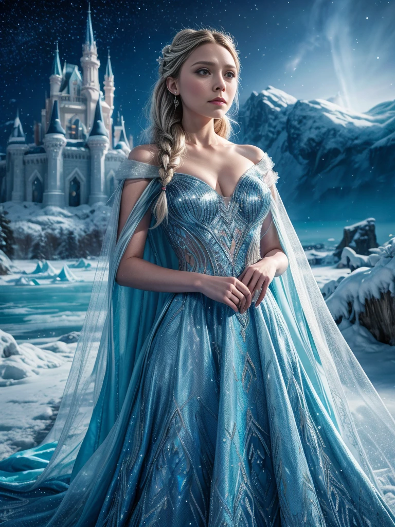 Elizabeth Olsen as Elsa from Frozen, winter landscape, ice castle in background, clear starry night, long bradied white hair