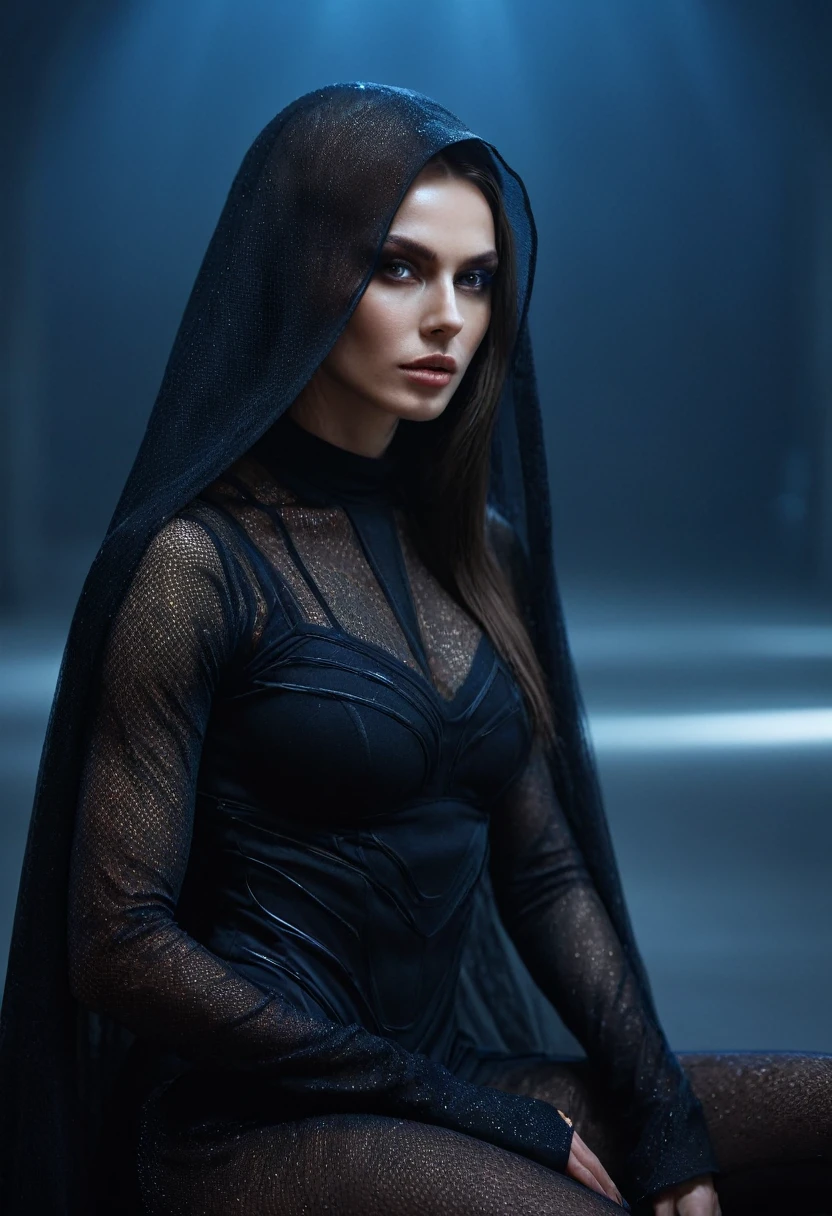 Fashionable of androgynous alien looking witch wearing veil, glowing eyes, beautiful evil slavic muscular woman, pale skin, long hair, futuristic design, minimal details, givenchy, photoreal, 200mm, hd, f/ 2.0, highly detailed, surreal, sitting, light smile, simple black stylish clothes, a slight smiledrop dead, in the style of red and blue, (intricate details, hyperdetailed:1.15) (skin texture:1.2), cinematic, professional, 4k, (((dynamic model pose))), sitting, full body, mesmerizing, dynamic, dramatic, dynamic pose, highly detailed skin with hair, subcutaneous veins, light and shadow play, highly detailed,24mm photograph, bokeh, professional, 4k,
