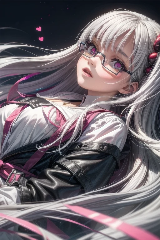 (Tabletop:1.0), (highest quality:1.4), (High resolution:1.2), From the side,Sharp contours,  boyish, highest quality, masterpiece,Glasses,Voice of the Heart,20-year-old woman,yandere,Big Breasts,Chest to chest,Lying face down,Upper Body,Ecstasy,saliva,blush,Squint your eyes,Heterochromia iridis,Tuck up your clothes,lure, white hair, wearing purple glasses 