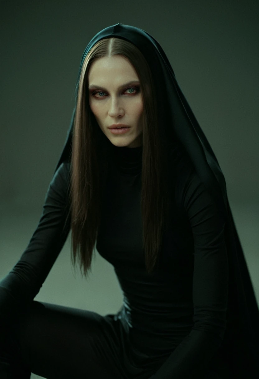 Fashionable of androgynous alien looking witch wearing veil, glowing eyes, beautiful evil slavic muscular woman, pale skin, long hair, futuristic design, minimal details, givenchy, photoreal, 200mm, hd, f/ 2.0, highly detailed, surreal, sitting, light smile, simple black stylish clothes, a slight smiledrop dead, in the style of red and blue, (intricate details, hyperdetailed:1.15) (skin texture:1.2), cinematic, professional, 4k, (((dynamic model pose))), sitting, full body, mesmerizing, dynamic, dramatic, sensual, dynamic pose, highly detailed skin with hair, subcutaneous veins, light and shadow play, highly detailed,24mm photograph, film, bokeh, professional, 4k,