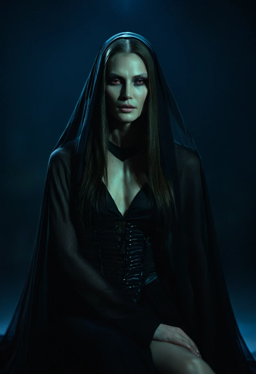 Fashionable of androgynous alien looking witch wearing veil, glowing eyes, beautiful evil slavic muscular woman, pale skin, long hair, futuristic design, minimal details, givenchy, photoreal, 200mm, hd, f/ 2.0, highly detailed, surreal, sitting, light smile, simple black stylish clothes, a slight smiledrop dead, in the style of red and blue, (intricate details, hyperdetailed:1.15) (skin texture:1.2), cinematic, professional, 4k, (((dynamic model pose))), sitting, full body, mesmerizing, dynamic, dramatic, sensual, dynamic pose, highly detailed skin with hair, subcutaneous veins, light and shadow play, highly detailed,24mm photograph, film, bokeh, professional, 4k,