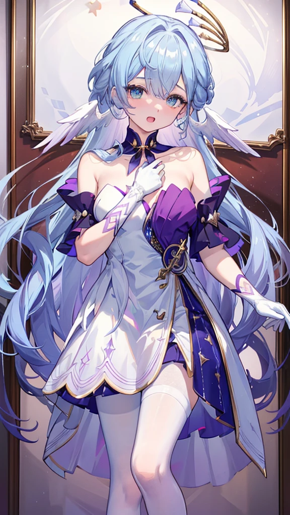 (masterpiece, top quality, best quality, official art, beautiful and aesthetic:1.2),(8k, best quality, masterpiece:1.2), (((masterpiece))),(((best quality))),(((extremely detailed))),illustration,who, (masterpiece, top quality, best quality, official art, beautiful and aesthetic:1.2),(8k, best quality, masterpiece:1.2), looking at viewer, aroused, blush, open mouth, lying, bed sheet, hands on skirt, 1girl,robin_\(honkai:_star_rail\),head_wings,bare_shoulders,white_gloves,detached_sleeves,strapless_dress,white_dress,short_sleeves,white_pantyhose,skirt blowing up as she puts her both hand on middle of skirt not let skirt blow