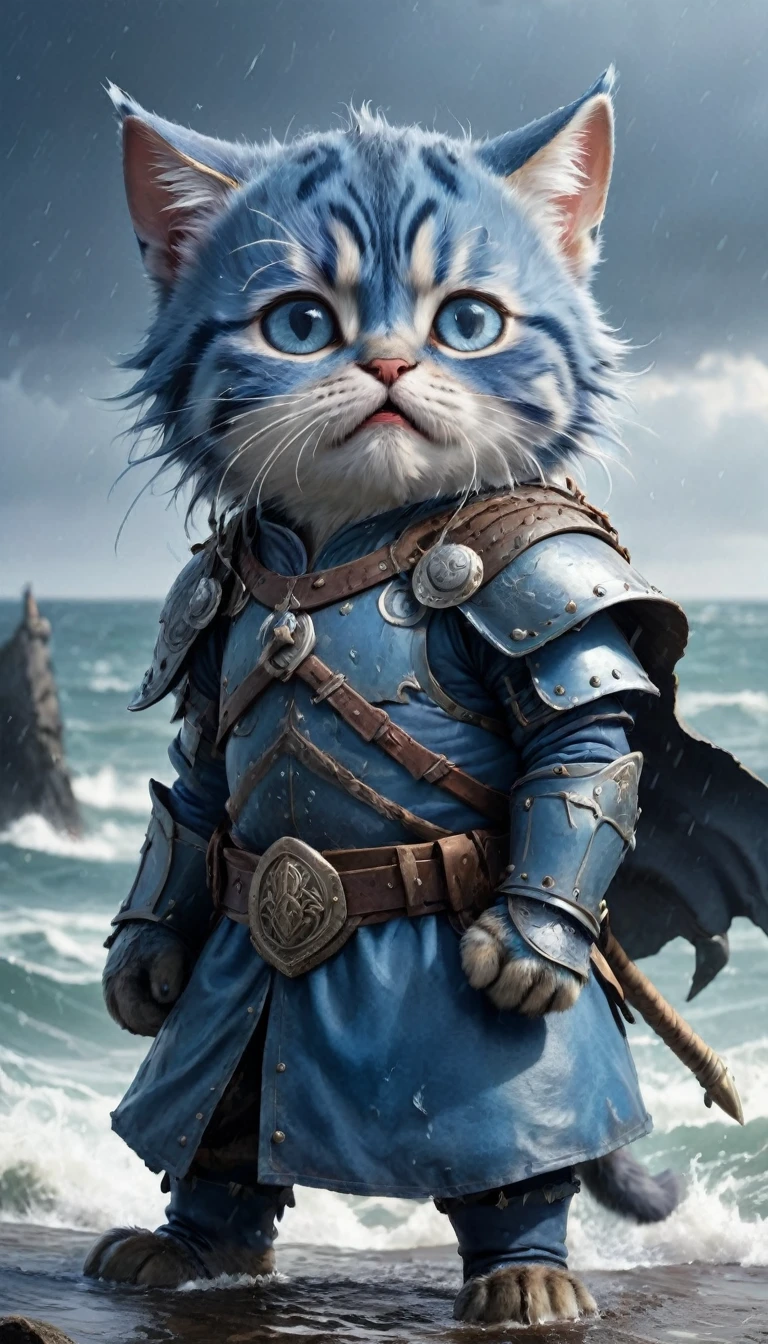 Crying face、tears、small, かわいいto be bornき物, Viking wearing blue armor、 whole body,small , Are standing, Costume, Stormy Sea、 Fantasy art, Exquisite detail, Jean-Baptiste Monge Style, office、Alan Lee Style, Anthropomorphic, Fat, A big-eyed blue cat, Movie Scenes, Dramatic shot angles, , Realistic, to be born々Stunning cinematic photorealism, Action Portrait, 8k, detailed, Full Frame