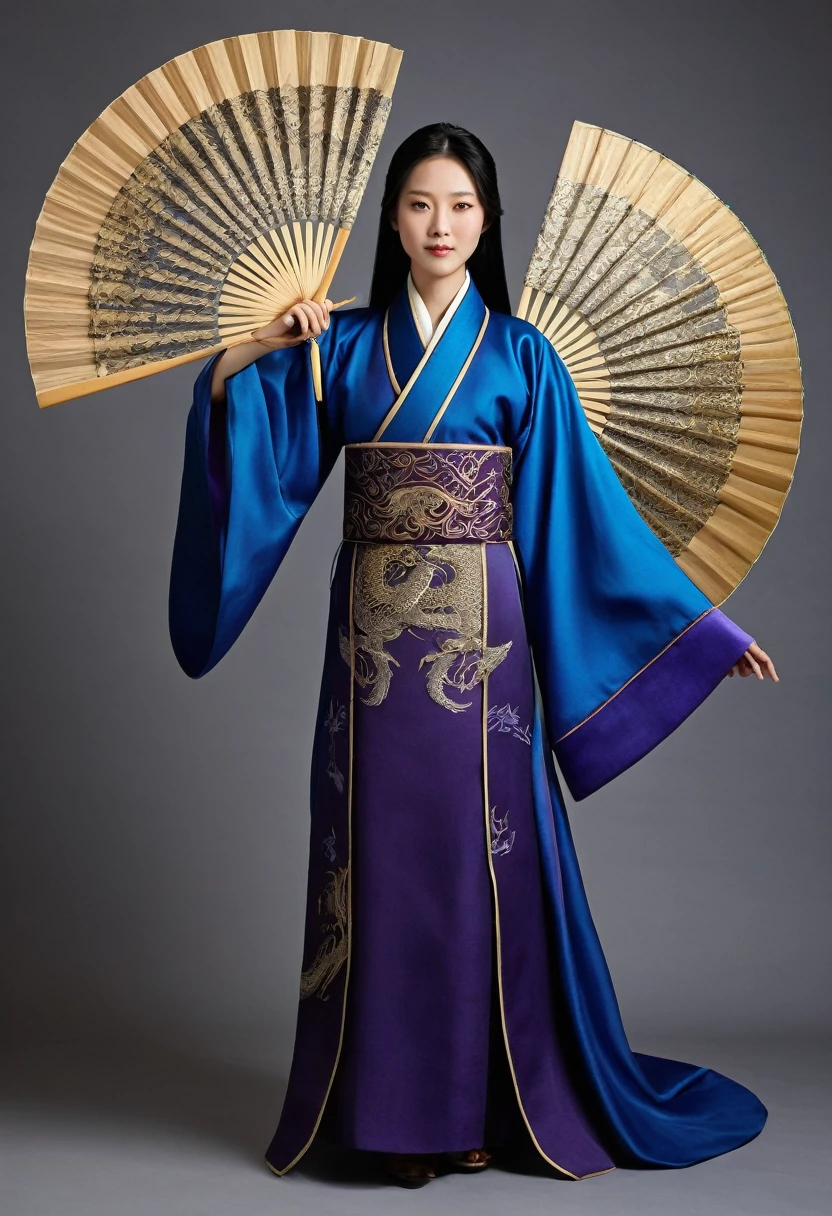 Create a Chinese woman with a serene expression, featuring long, straight black hair that falls halfway down his back. Her bright blue eyes contrast strikingly with her fair-skinned face. He is dressed in dark purple clothing that resembles a traditional robe, richly detailed with gold embroidery on the cuffs and collar. The clothing appears to flow with movement, denoting a light but resistant fabric. In one of his hands, he firmly holds a combat fan, which is larger and sturdier than a regular fan, made of wood and metal, with sharp blades arranged between the sticks. The fan is partially open, revealing a complex pattern of dragons and clouds carved into its surface.