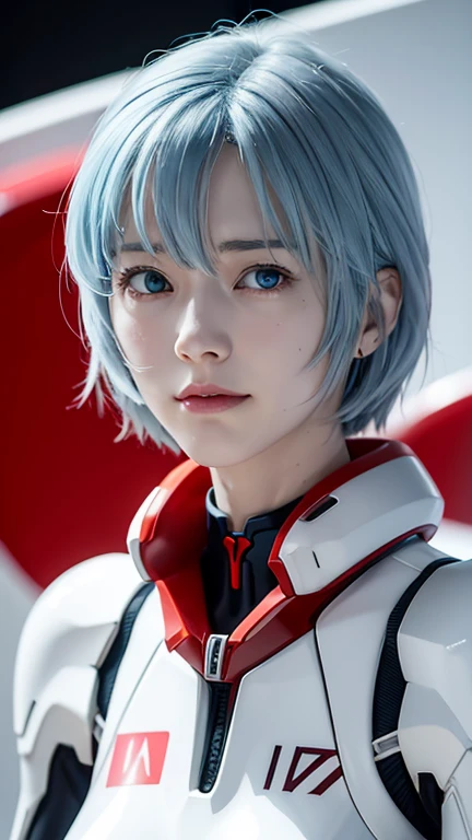 Evangelion、Rei Ayanami、One girl, Ayanami Rei, alone, Red eyes, （（Plug Suit,）） short hair, Blue Hair, chest, Bodysuits,whole body, white Bodysuits, School classroom、 White interface headset, bangs, Mouth closed, A little smile、Hair between the eyes, medium chest, high quality, slow,Moist eyes、Watery eye、Troubled face、Rei Ayanami、Are standing、