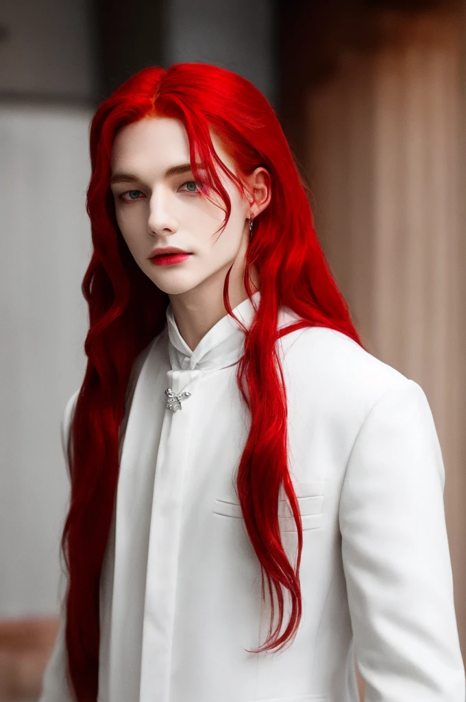 long red hair, Red hair, Red hair, long hair, wide, long hair, red hair, tez blanca, White skin, pale, Beautiful man, looking at the viewer, gothic stuff, black clothes