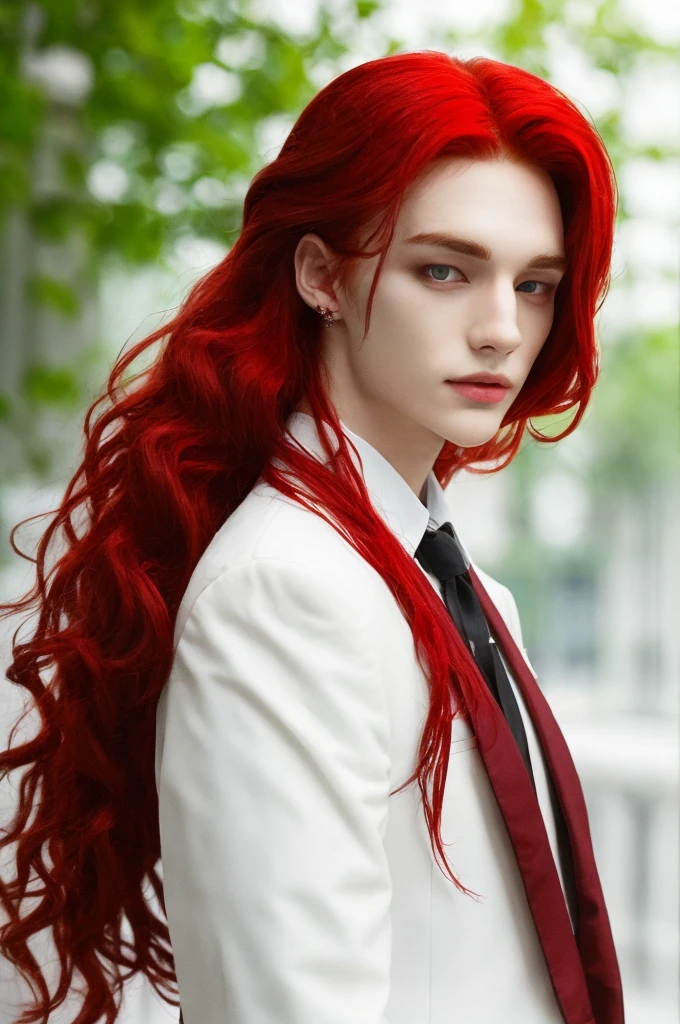 long red hair, Red hair, Red hair, long hair, wide, long hair, red hair, tez blanca, White skin, pale, Beautiful man, looking at the viewer, gothic stuff, black clothes