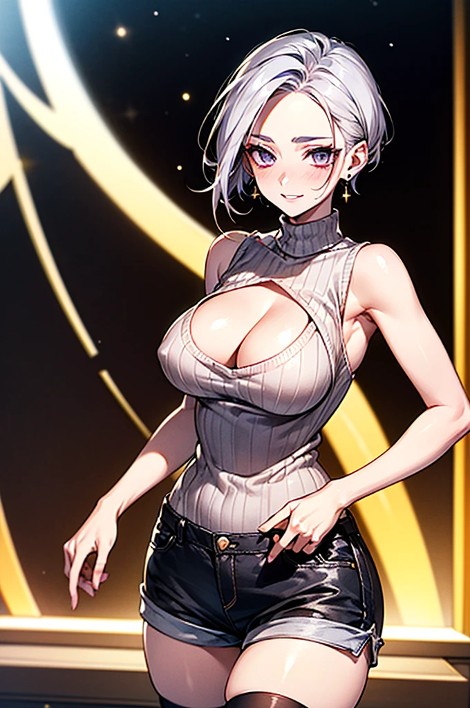Masterpiece,Highest quality,8k,Ultra-high resolution,appropriate margins,lighting,BREAK,1 person,Very beautiful adult woman,Slim body,Very large breasts,Deep cleavage,Moisturized Skin,BREAK,Silver Hair,(No bangs,Show your forehead),mascara,Red eyeliner,Light pink lip,Thin teak,Thick upper eyelashes,Thin eyebrows,BREAK,Light purple eyes,BREAK,Embarrassed,Shy smile,BREAK,short hair,Earrings,Wearing hair in one ear,BREAK,(Sleeveless vertical knit sweater),Shorts,stockings,BREAK,Watching the audience,Gravure pose