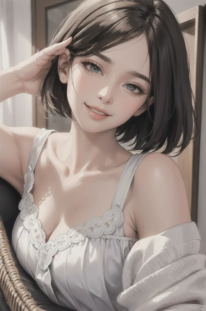 (masterpiece:1.2, best quality), (real picture, intricate details), 1lady, solo, upper body, casual, short hair, minimal makeup, natural fabrics, close-up face, smile, home