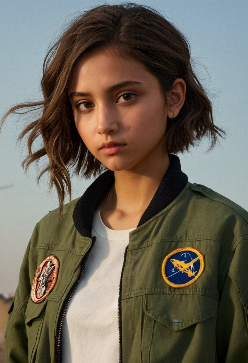 ((best quality)), ((masterpiece)), (detaile), A age girl with brown hair that reaches just above her shoulders | brown eyes with almond shapes, She is Latina and has tanned skin | his clothes are typical of clothes worn by young people in dystopian universes, a dirty and slightly torn jacket; a pair of green cargo pants too suha| She wears half of her hair in a low bun and the other large half is loose at the back of her neck.. She is tired, with a neutral expression looking towards something like fire. She's in a helicopter and it's very windy. It's night.