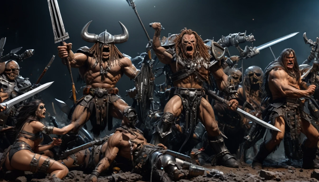 (3D rendering:3.1) in (medium full shot:3.1) of lot of characters from (metal hurlant magazine:3.1), inspired by style of Simon Bisley and Greg Rutkowski art, barbarian warriors in battles with swords and shields in external battlefield against space creatures (with Creepy, Sci-Fi, Fantasy and Horror:2.9), directed by ridley scott (Cinematic:3.1), horror movie, horrified, terrified, insane, disgusting, disturbing, Impactful, cgsociety, hyper-detailed, digital illusions, cyberspace, photorealistic, arts visuals. Ultra detailed, RAW photo, artstation style, concept art, (masterpiece:2.9), 8k, realistic textures, (3D rendering:3.1)