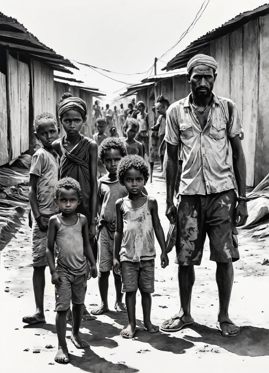 black ink art, a group of refugees, melanesian man, starving, group of man woman and children, human displacement, in low perspective views, exaggerated expression,figure,ink,Smudge,Line outline,ink stain,Ink stains,