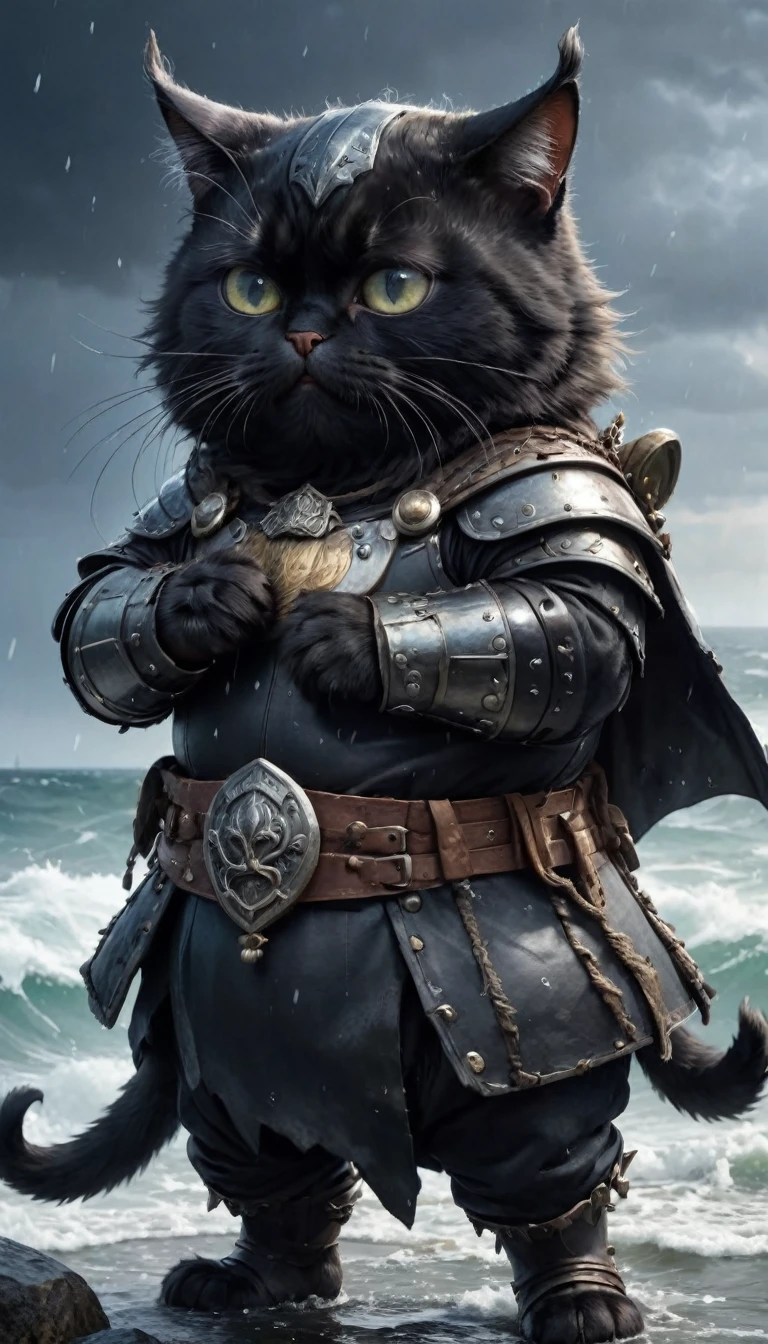Crying face、tears、small, かわいいto be bornき物, Wearing black Viking armor、 whole body,small , Are standing, Costume, Stormy Sea、 Fantasy art, Exquisite detail, Jean-Baptiste Monge Style, office、Alan Lee Style, Anthropomorphic, Fat, A very fat black cat with big eyes, Movie Scenes, Dramatic shot angles, , Realistic, to be born々Stunning cinematic photorealism, Action Portrait, 8k, detailed, Full Frame