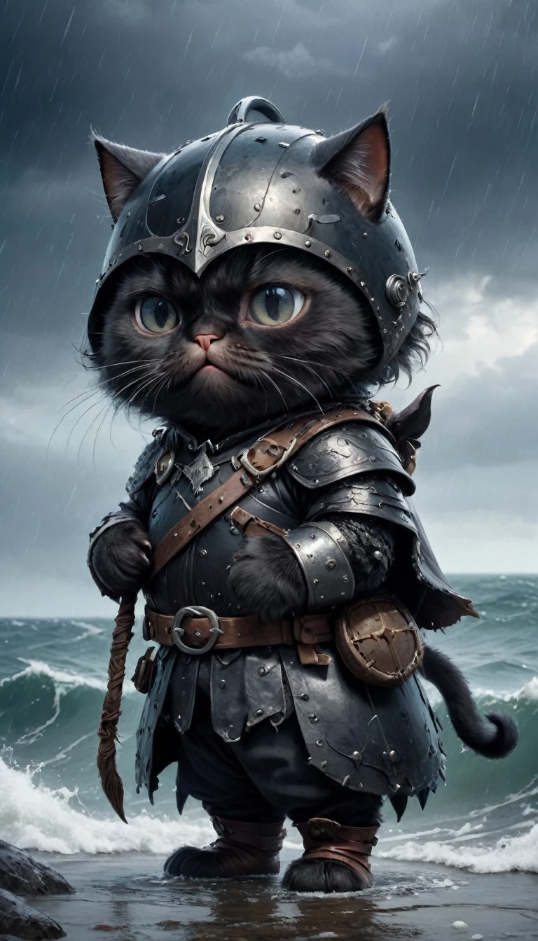 Crying face、tears、small, かわいいto be bornき物, Wearing black Viking armor、 whole body,small , Are standing, Costume, Stormy Sea、 Fantasy art, Exquisite detail, Jean-Baptiste Monge Style, office、Alan Lee Style, Anthropomorphic, Fat, A very fat black cat with big eyes, Movie Scenes, Dramatic shot angles, , Realistic, to be born々Stunning cinematic photorealism, Action Portrait, 8k, detailed, Full Frame
