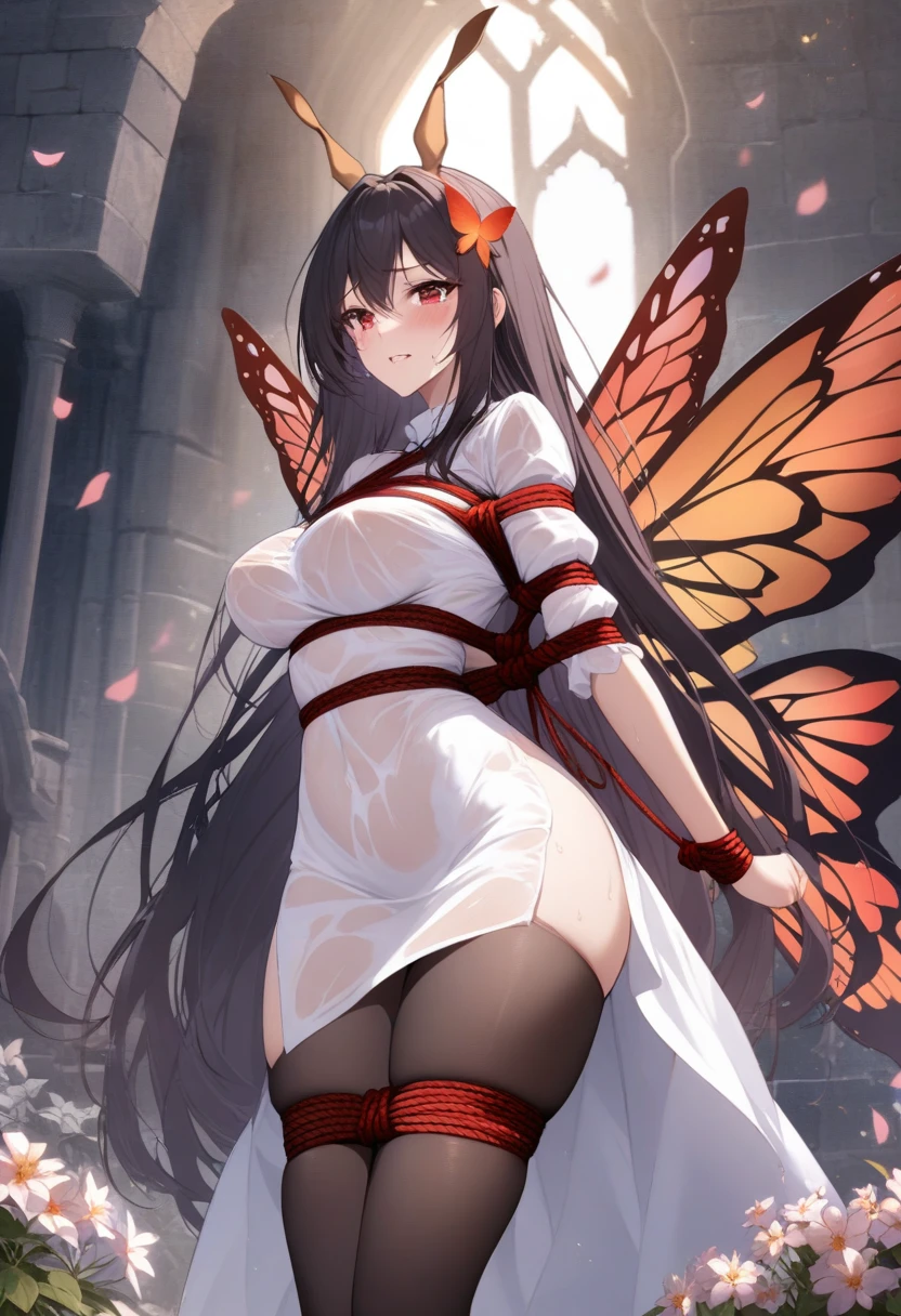 masterpiece, best quality, very aesthetic, absurdres, 1girl, _lady,white_dress,wet_clothes,(tortoiseshell bondagrope, hand_behind, roped_body,bound by ropes:1.3) ,tears_in_eyes,,kuroyukihime, accel_world, 1girl, antennae, black_hair, long_hair, very_long_hair, red_eyes, butterfly_wininsect_wings, wings, hair_ornament,,in a castle,surrounding by flowers,falling_petals, petals,,