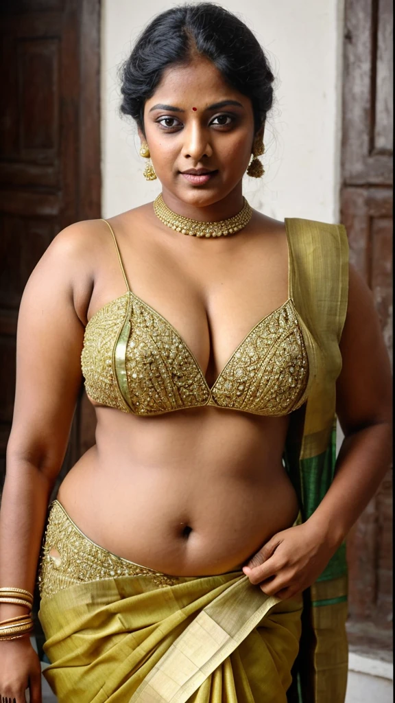 Looks like Indian Actress Ester Noronha, An Extremely gorgeous and beautiful Bengali village woman, 45 yo, pale white skin, sensual appealing body, perfect thick and chubby Beauty, wearing saree bare-chested, wearing a Bengali-style saree without a blouse,, ethnic vintage bengali village woman, bengali style saree, The sari was worn without a blouse and petticoat before the British Raj, baring one's chest or being blouseless,  Bengalis a.k.a. Bongs are known for their unique Bengali fashion sense (the way they don that sari makes you go wow), Pre British Raj, Pre colonial era, Bengali Woman draping sari without blouse is a normal thing in pre British Era, bong woman, wearing kajal or kohl or kajol in eyes, 