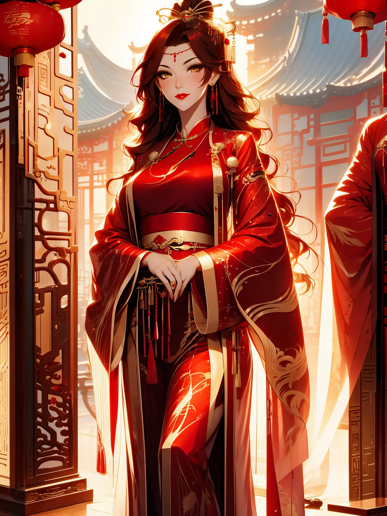 score_9, score_8_up, score_7_up, score_6_up, score_5_up, score_4_up, Xian Mei, golden eyes, red curly hair, tied hair, hair in a bun, hairpin, traditional Chinese red wedding hanfu dress, Yourqipao Red Embroidery Chinese Xiuhe Hanfu Women's Satin Cheongsam Ancient Traditional Chinese Bride , Wedding Dress, Long Dresses, long earrings, red lipstick, detailed eyes, traditional wear, sexy attractive, hot, traditional, smiling, happy, blush, red veil,