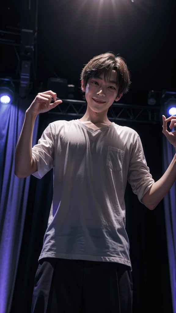 (真实感) Lucas stuck on stage, with invisible hands holding him as the ghostly actress slowly approaches, your sinister smile illuminated by the theater lights, intensifying the feeling of terror.