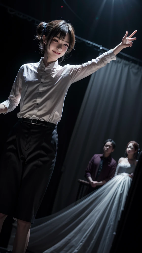 (真实感) Lucas stuck on stage, with invisible hands holding him as the ghostly actress slowly approaches, your sinister smile illuminated by the theater lights, intensifying the feeling of terror.