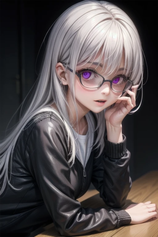 (Tabletop:1.0), (highest quality:1.4), (High resolution:1.2), From the side,Sharp contours,  boyish, highest quality, masterpiece,Glasses,Voice of the Heart,20-year-old woman,yandere,Big Breasts,Chest to chest,Lying face down,Upper Body,Ecstasy,saliva,blush,Squint your eyes,Heterochromia iridis,Tuck up your clothes,lure, white hair, wearing purple glasses 