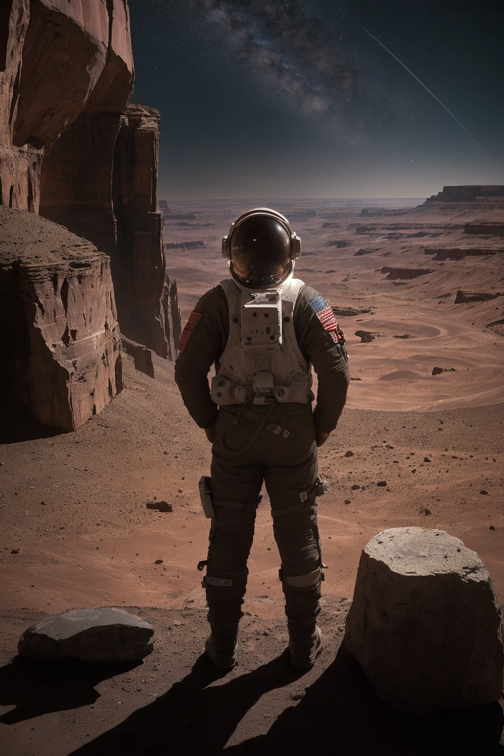 cinematic film, Realistic photograph,

An astronaut stands at the edge of a daunting canyon on Mars, gazing into the vast chasm that stretches before him under the starlit sky. The night is illuminated by the distant stars and the faint light of the planet, casting long shadows across the Martian landscape. The steep and rugged walls of the canyon seem insurmountable, and the astronaut, clad in his spacesuit, screams into the void, a mix of awe and exasperation evident in his expression. The Martian terrain, scattered with rocks and shadows, adds to the atmosphere of mystery and the challenges of space exploration.



,shallow depth of field, vignette, highly detailed, high budget, bokeh, cinemascope, moody, epic, gorgeous, film grain, grainy, 