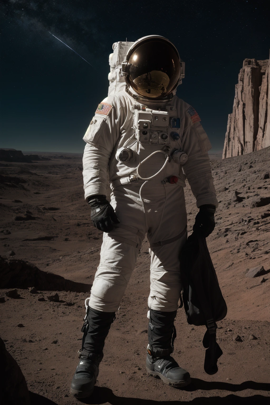cinematic film, Realistic photograph,
An astronaut stands at the edge of a daunting canyon on Mars, gazing into the vast chasm that stretches before him under the starlit sky. The night is illuminated by the distant stars and the faint light of the planet, casting long shadows across the Martian landscape. The steep and rugged walls of the canyon seem insurmountable, and the astronaut, clad in his spacesuit, screams into the void, a mix of awe and exasperation evident in his expression. The Martian terrain, scattered with rocks and shadows, adds to the atmosphere of mystery and the challenges of space exploration.
,shallow depth of field, vignette, highly detailed, high budget, bokeh, cinemascope, moody, epic, gorgeous, film grain, grainy,