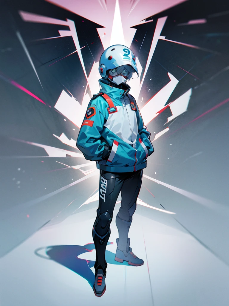 Male, ager, wearing full-face DJ helmet, head covered by helmet, standing at attention, hands in pockets, fully in frame, full body shot, lone figure, sole person, Zombie Land Saga style