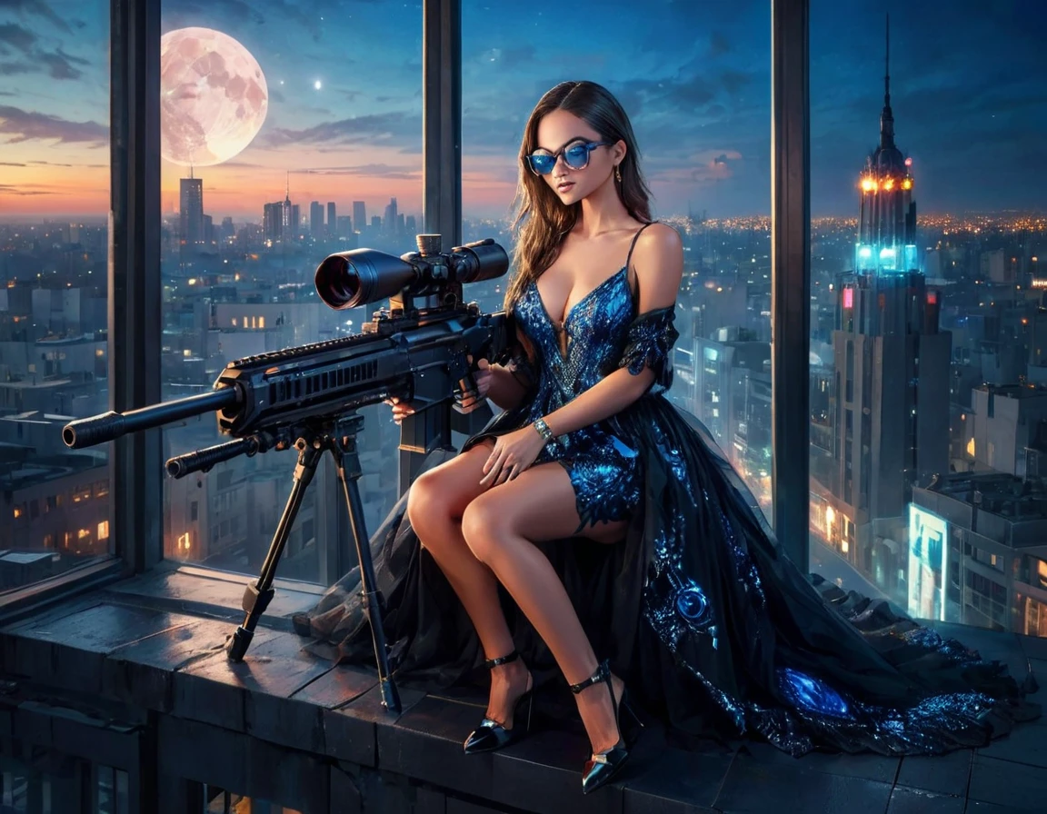 a portrait picture of a 1single woman sniper, standing in a window aiming a sniper rifle, an exotic beautiful woman sniper, dynamic hair, braided hair, full body shop, intense blue eyes, wearing intricate glasses ultra detailed face, wearing (intricate evening dress: 1.5), elegant dress, dynamic color, dynamic style, wearing elegant stiletto heels , behind a window in a tall building at nigh, aiming a Light Sniper Rifle , cyberpunk city background, its night time, moon rays, some clouds,  (full body shot: 1.1) , vibrant, Ultra-high resolution, High Contrast, (masterpiece:1.5), highest quality, Best aesthetics), best details, best quality, highres, ultra wide angle, 16k, [ultra detailed], masterpiece, best quality, (extremely detailed) Sniper Rifle, evening dress
