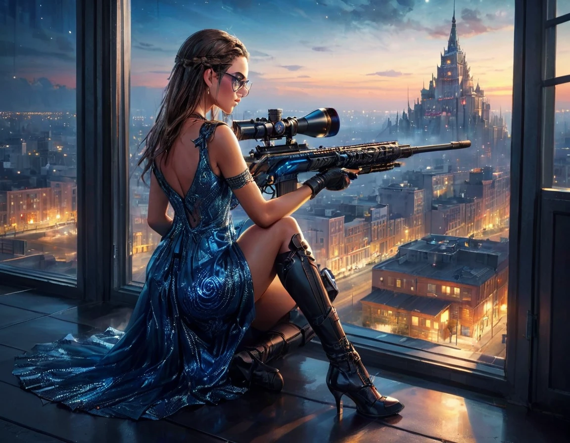 a portrait picture of a 1single woman sniper, standing in a window aiming a sniper rifle, an exotic beautiful woman sniper, dynamic hair, braided hair, full body shop, intense blue eyes, wearing intricate glasses ultra detailed face, wearing (intricate evening dress: 1.5), elegant dress, dynamic color, dynamic style, wearing elegant stiletto heels , behind a window in a tall building at nigh, aiming a Light Sniper Rifle , cyberpunk city background, its night time, moon rays, some clouds,  (full body shot: 1.1) , vibrant, Ultra-high resolution, High Contrast, (masterpiece:1.5), highest quality, Best aesthetics), best details, best quality, highres, ultra wide angle, 16k, [ultra detailed], masterpiece, best quality, (extremely detailed) Sniper Rifle, evening dress
