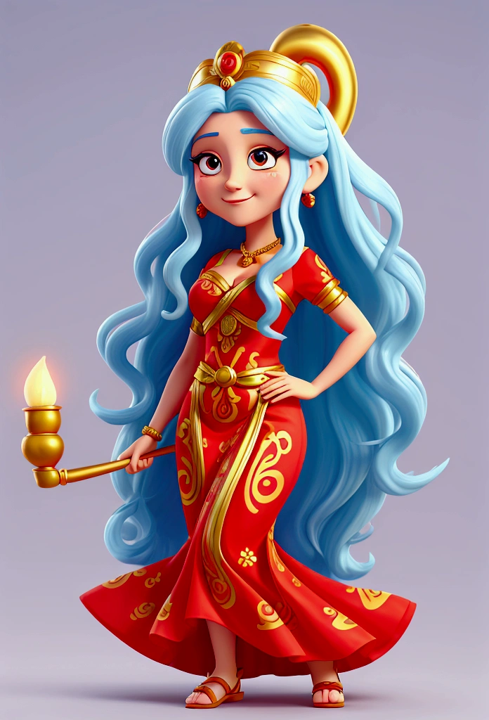 Cartoon character of a woman, A GREEK GODDESS, She is the Goddess of creativity, deusa Teka, she has long white hair, wear a red dress, azul e amarelo.
