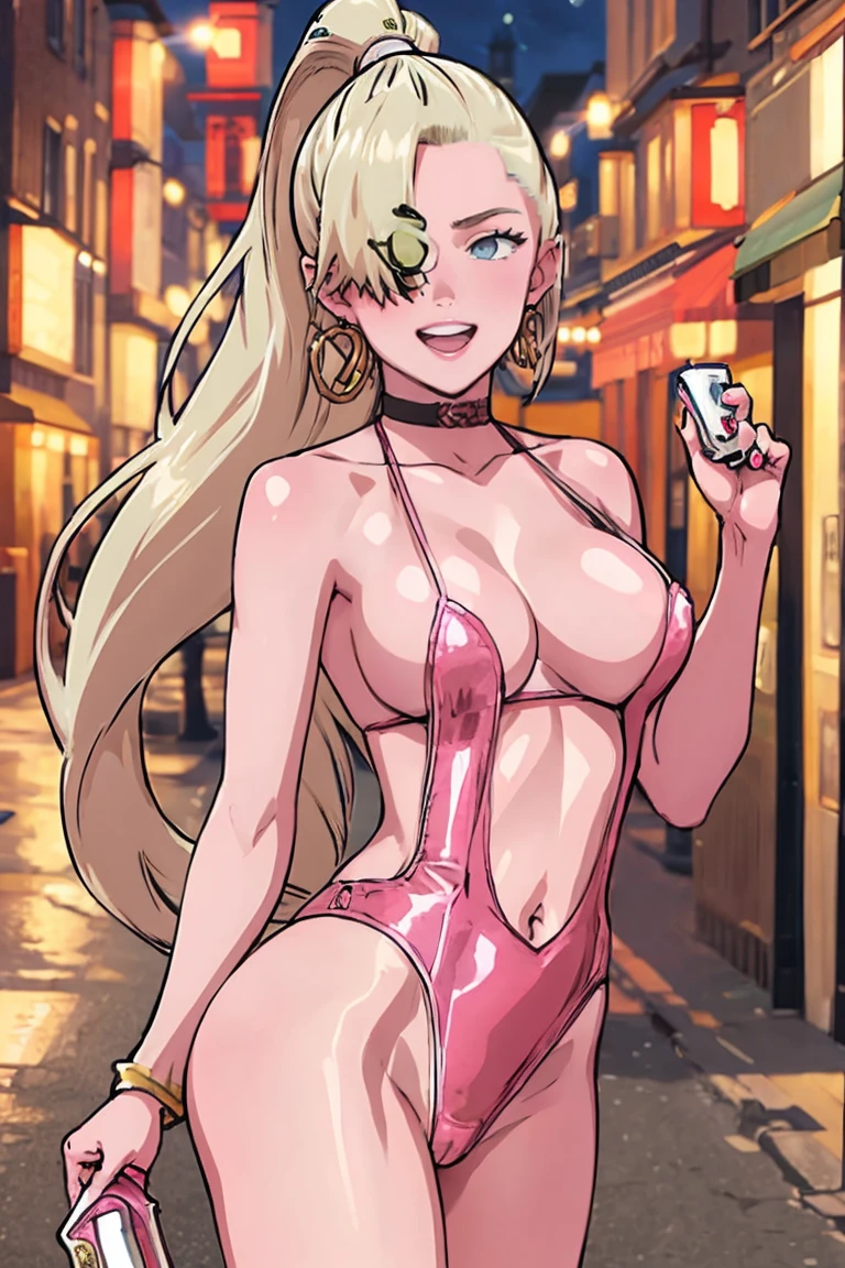 masterpiece, best quality, (1 girl), solo, nice hips, medium breasts, slutty grin, young girl, wide hips, street, nighttime, detailed eyes, elegant girl, blonde, elegant hair, open mouth, wearing a slutty bodycon, ponytail, slutty, choker, slut-earrings, long hair, (hair over one eye), (wearing thong), (hair covering one eye), (ino yamanaka),