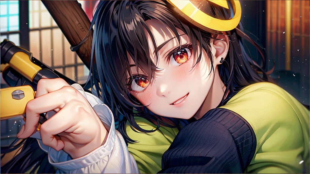 logo of boy playing fun game with hammer as controller wearing glass and black hair