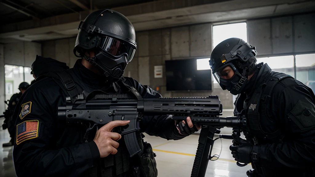 special forces soldier, black suit with skull, army helmet, armed with rifle, masked, pointing gun at spectator, ultra realistic