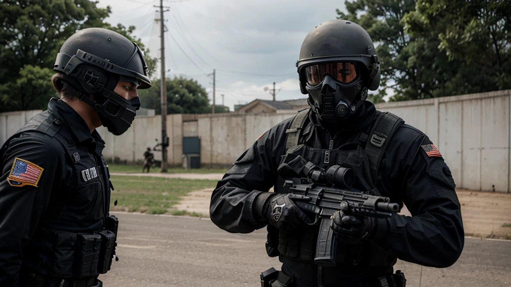 special forces soldier, black suit with skull, army helmet, armed with rifle, masked, pointing gun at spectator, ultra realistic