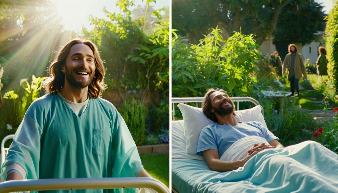 Montage divided into two parts: on the left, a person in a hospital bed, looking haggard; on the right, the same person smiling and walking in a sunny garden. In the center, a translucent image of Jesus with his hands outstretched over both scenes. Cinematic style, vibrant colors. Photorealism style, high resolution, 8k
