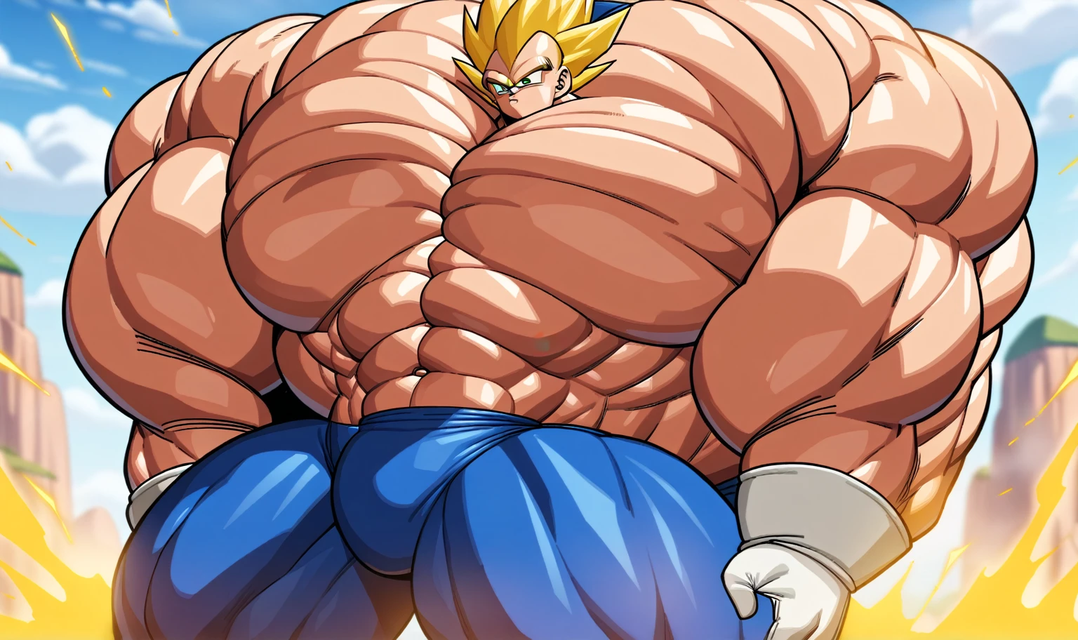 1boy, Vegeta, from Dragon Ball Z, masterpiece, best quality, very aesthetic, absurdres, saiyan, green eyes, spiked hair, (yellow hair:1.5), shirtless, blue skintight pants, white gloves, (huge muscles:3.2), Dragon Ball Z artstyle, in the style of Akira Toriyama, white tiled floor, outdoors, flat-top mountains, nipples, yellow aura, electricity