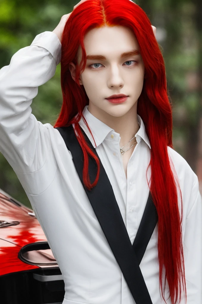 long red hair, Red hair, Red hair, long hair, wide, long hair, red hair, tez blanca, White skin, pale, Beautiful man, looking at the viewer, gothic stuff, black clothes
