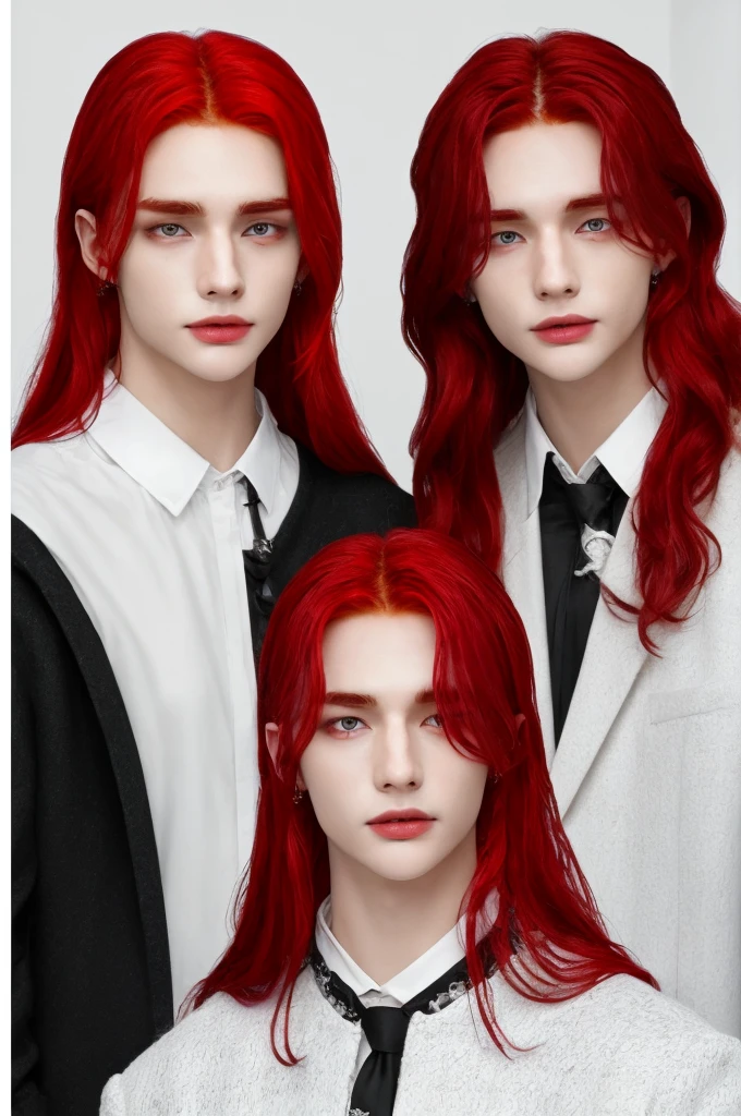long red hair, Red hair, Red hair, long hair, wide, long hair, red hair, tez blanca, White skin, pale, Beautiful man, looking at the viewer, gothic stuff, black clothes