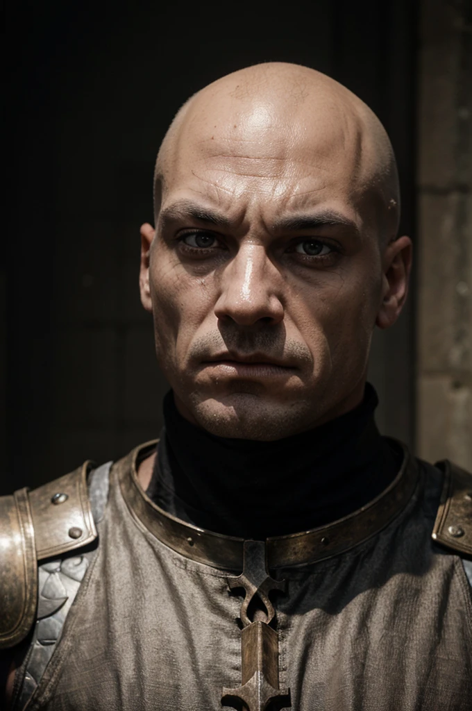 Make a scary man, He's extremely strong, wears medieval armor, He's bald., your eyes are sunken and angry, Your nose is thin, your lips too, he is very white and has a burn that extends from his neck to his chin