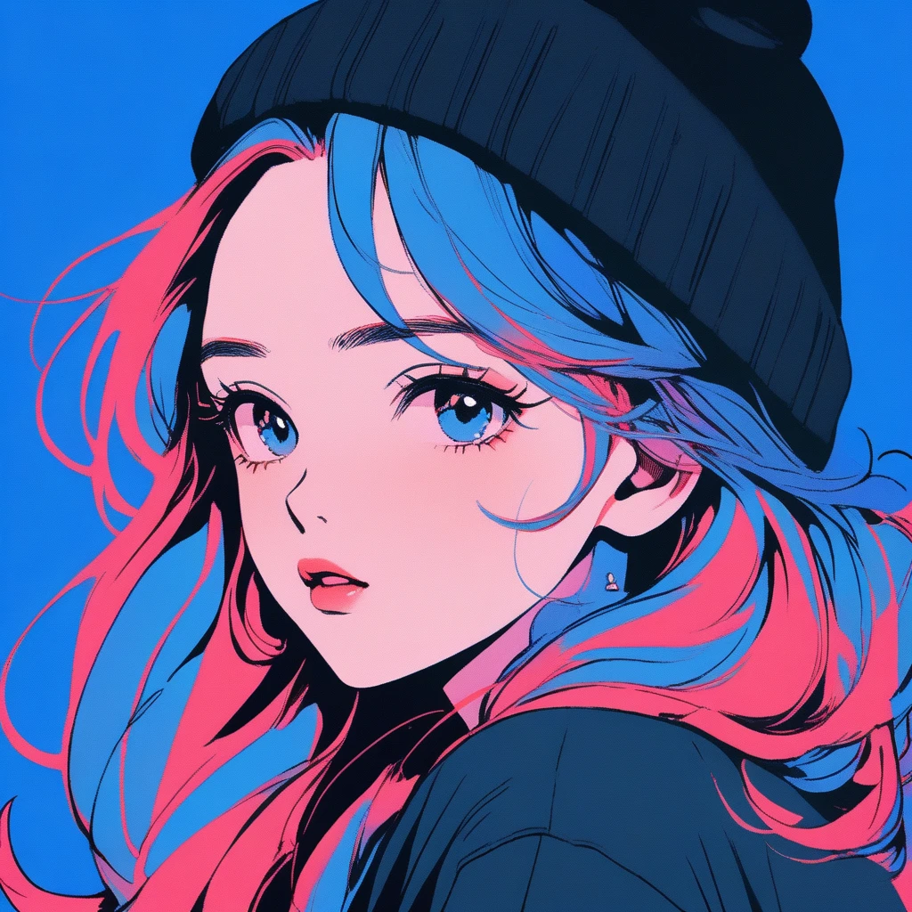 Illustrator, Anime , Realistic ,sketch , 1girl in, ,lip, order, Blue gradient background, Neon Hair,textured crop, Canadian, (masutepiece,Best Quality)