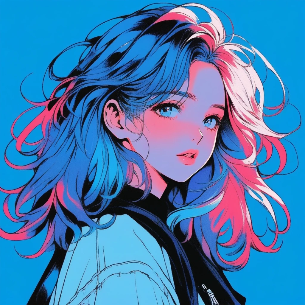 Illustrator, Anime , Realistic ,sketch , 1girl in, ,lip, order, Blue gradient background, Neon Hair,textured crop, Canadian, (masutepiece,Best Quality)
