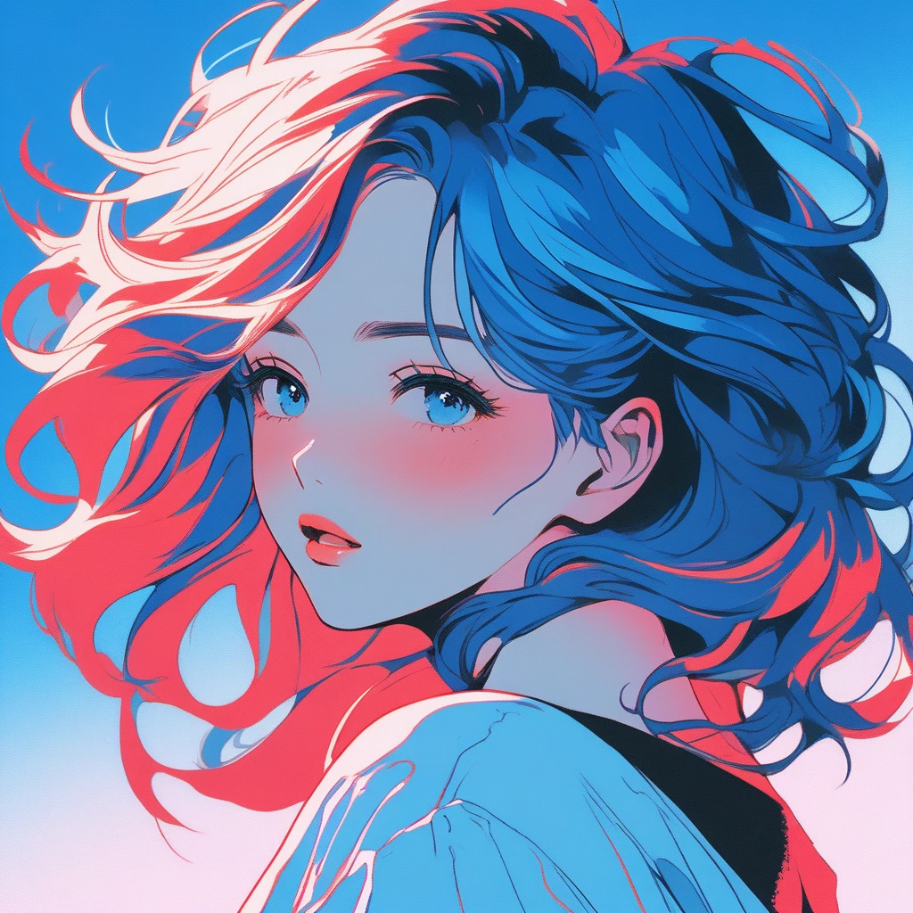 Illustrator, Anime , Realistic ,sketch , 1girl in, ,lip, order, Blue gradient background, Neon Hair,textured crop, Canadian, (masutepiece,Best Quality)