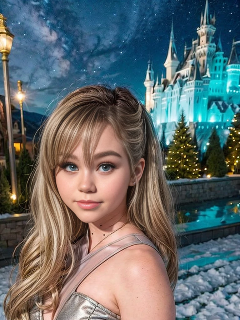 (Brec Bassinger) as Elsa from Frozen, winter landscape, ice castle in background, clear starry night, long bradied white hair