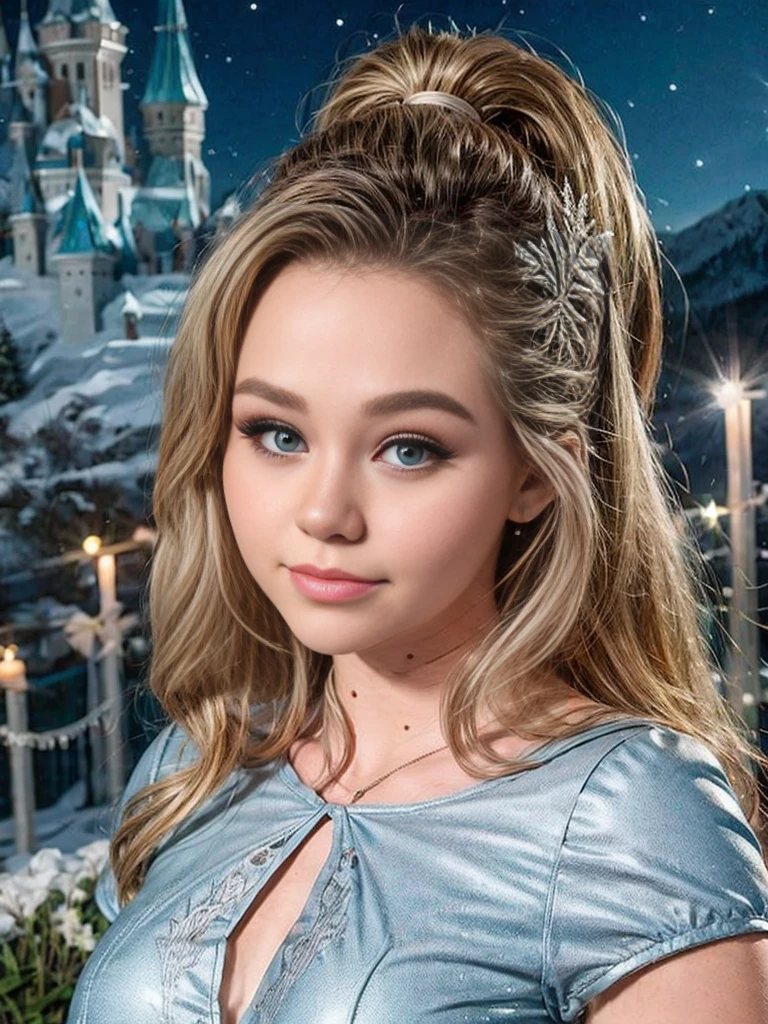 (Brec Bassinger) as Elsa from Frozen, winter landscape, ice castle in background, clear starry night, long bradied white hair